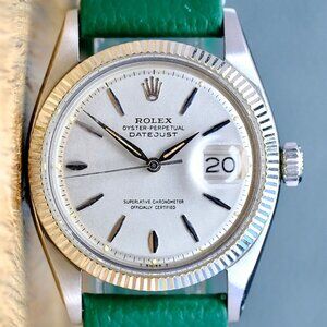 ROLEX DATEJUST 1601 Vintage hands SILVER INDEX DIAL  FLUTED GREEN LEATHER WATCH